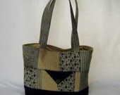 Tote Bags, Zipper Bags or Purse,  Patchwork Florals Quilted Handbag, Dark Blue and Tan.