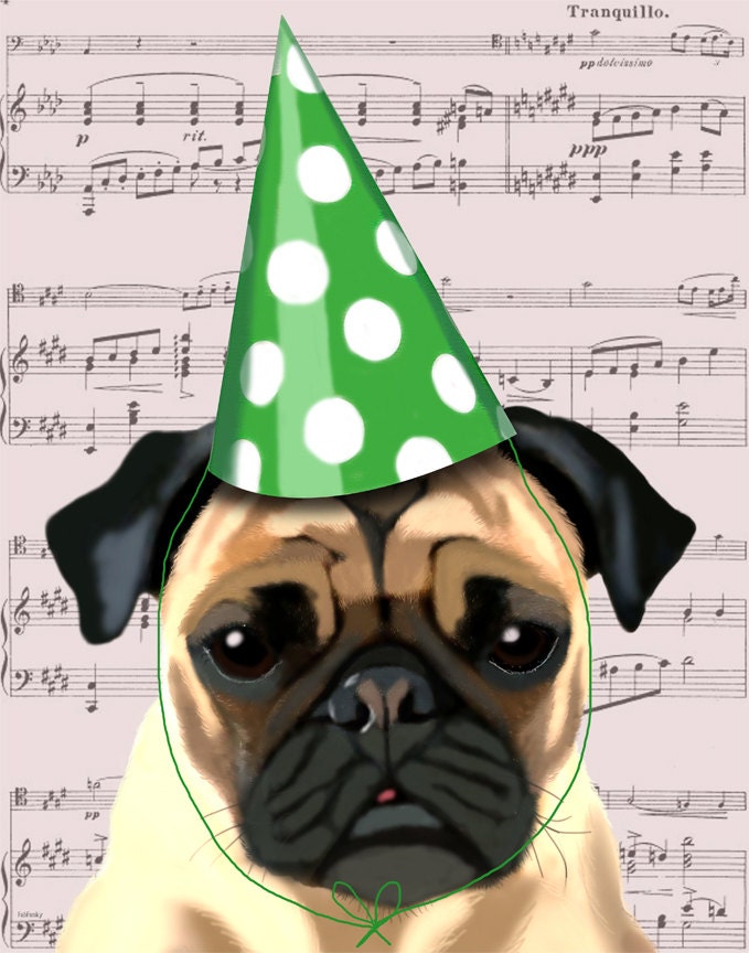 Party Hat Pug 14x11 Art Print Mixed Media Giclee Print Digital Original Illustration animal painting dog picture wall art wall decor hanging