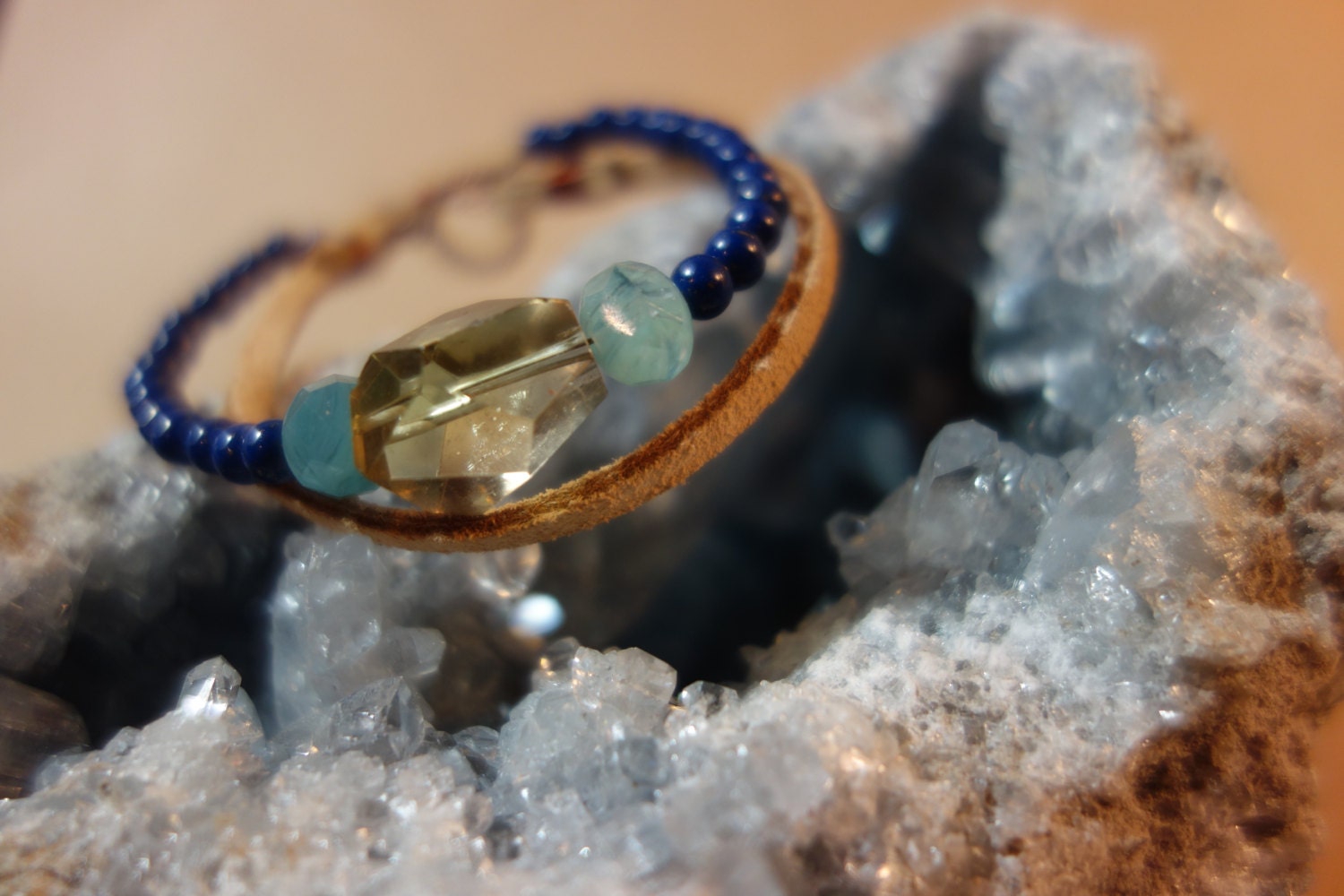 Seabound. Blue Lapiz Turquoise Aqua Chunky Beer Quartz Nude Beige Suede Layer Multistrand Boho Summer Bracelet