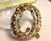 Memory Wire Bracelet, Amber, Smoky Topaz, Gold, Freshwater Pearl, Beaded Bracelet