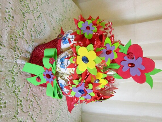 Floral Funburst Party Centerpiece with 12 individual party favors, red, yellow, purple, green Il_570xn