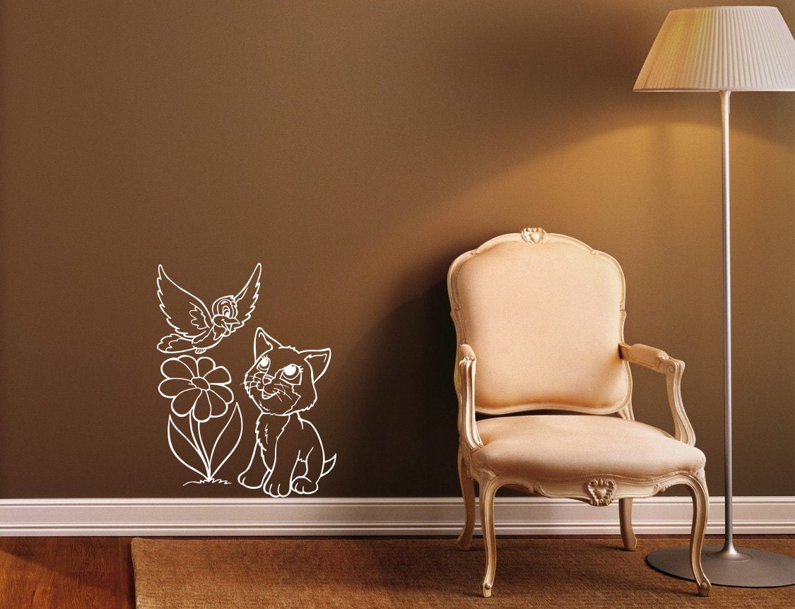 very beautiful cute cats and birdie, flower, children Vinyl decal art design murals interior decor oracle sticker 22"X35" SV153