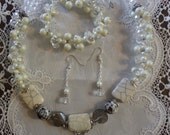 Handmade pendant Necklace with dangle earring and bracelet, Ivory color beads, metal pendant, glass beaded Necklace, crystal beads