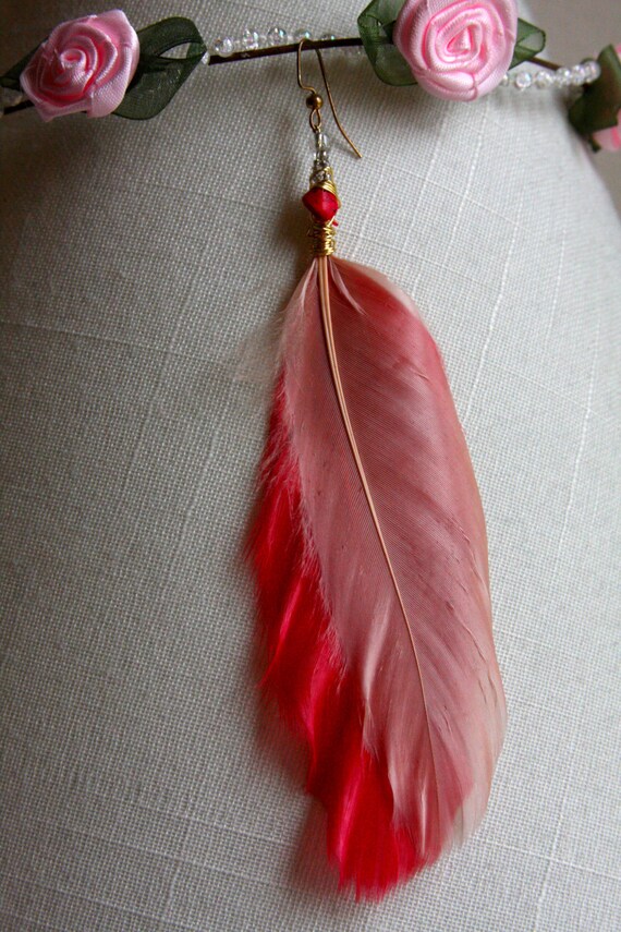 Red/Rose Faux Feather Earring with Red Rock Bead and Gold Wire