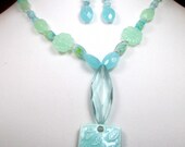 Seafoam Pool Aqua Glass Stone Ceramic Flower Leaf Faceted Necklace Earrings Beaded Jewelry Set