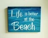 Life Is Better At The Beach Original Painting 11x14 Canvas - Ocean Shore Art Wall Hanging - Aqua Blue with Glitter Water Waves Artwork