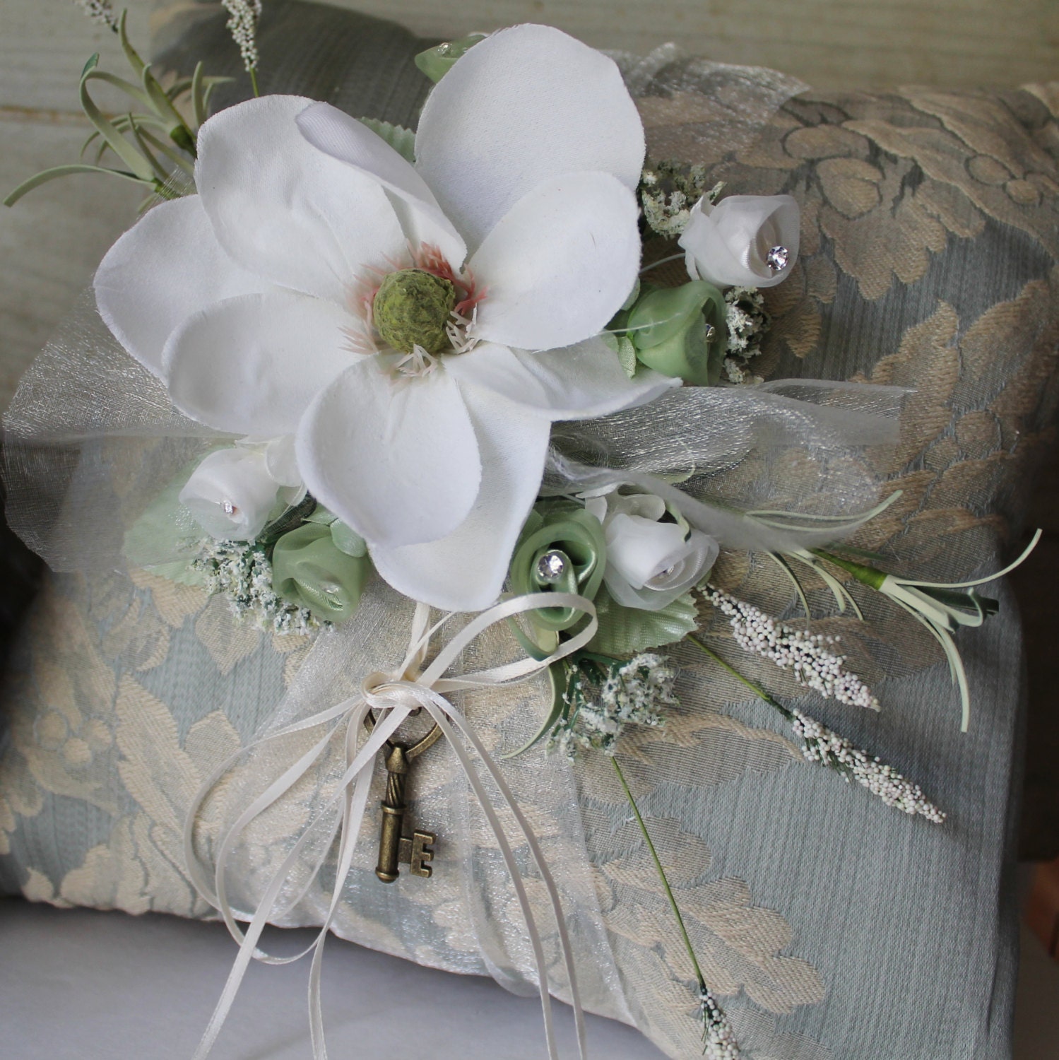 Wedding Ring Pillow - Key to Your Heart  - Shabby Chic - Mint Green - Repurposed - Flowers - Vintage - Cottage Chic