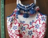 TOTE BAG Hand-Made Purse from Vintage Tablecloth Fabric - 1950s Red White and Blue Floral, Lucite Handles, Fringe and Tassel Trim
