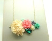Gorgeous Colorful Flower Collage Bouquet 14K Gold Filled Chain Statement Necklace Gift For Her Aqua Coral Pink Milky Yellow Emerald Green