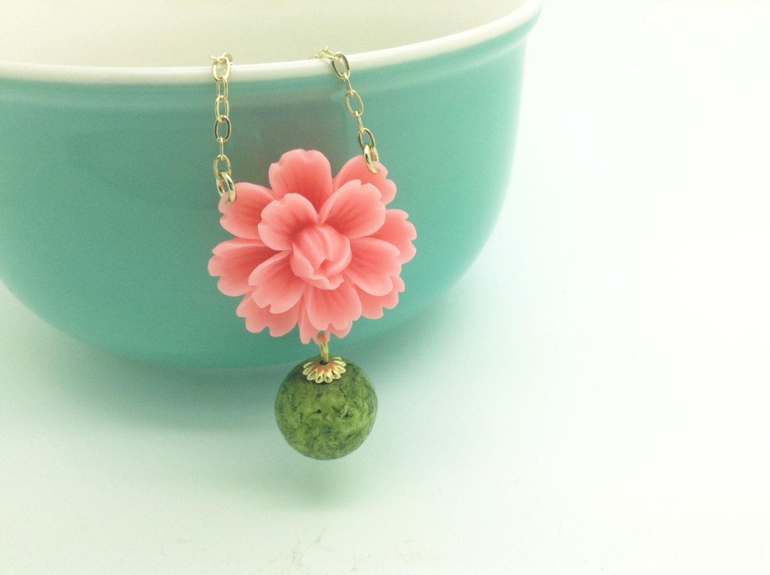 Romantic Hot Coral Pink Lotus Flower Olive Green Wooden Bead 14K Gold Filled Chain Necklace Bridal Jewelry Budget Gift Spring Summer Garden