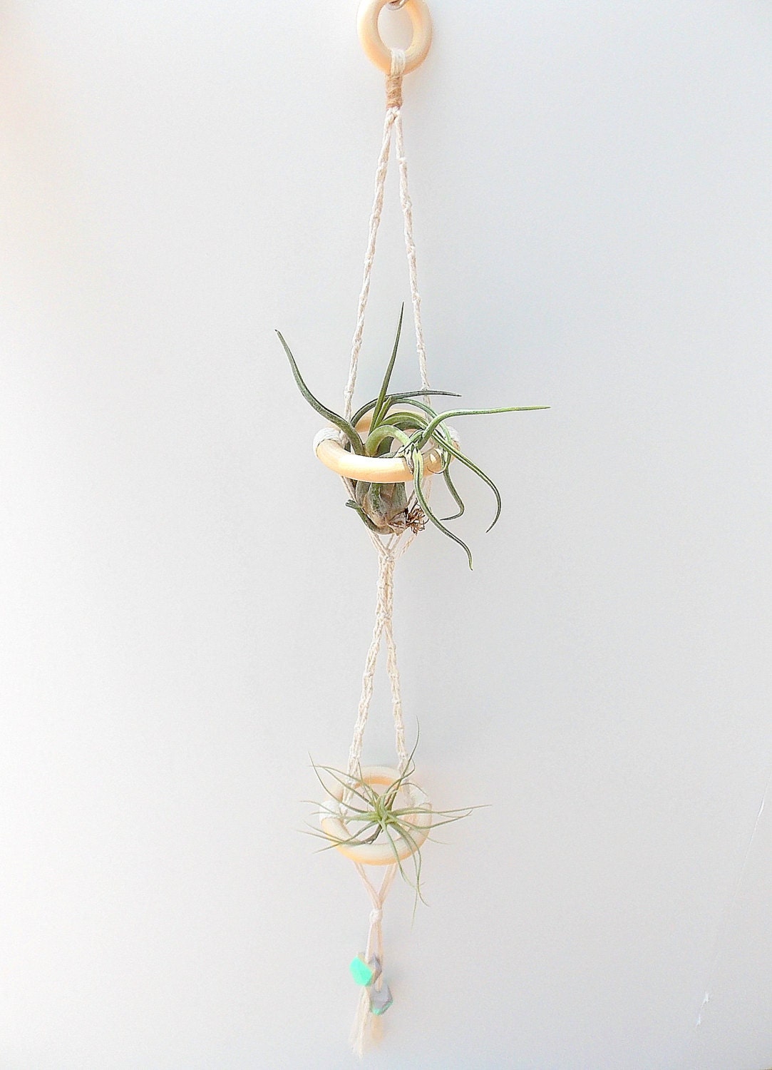31" Modern Macrame Double Air Plant Hanger with Faceted Geometric Beads by Himo Art, One of a kind Handcrafted Simple Macrame Home Decor