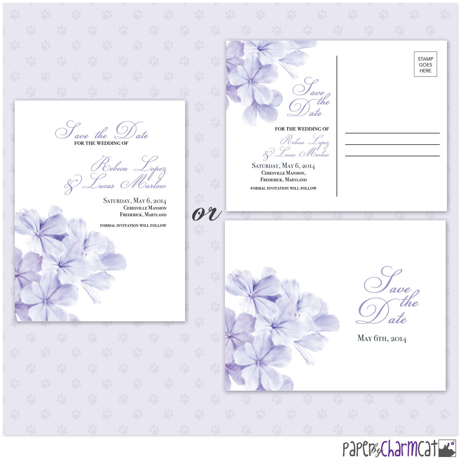 Printable Save the Date Postcard, Card, Watercolor Blue Purple Flower, Plumbago, DIY Digital Print Your Own PDF, Wedding
