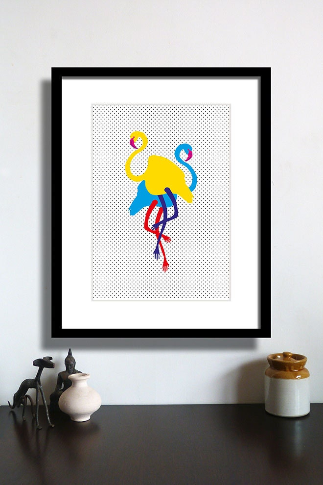 Animal Mardi Gras (Flamingo Yellow Blue) Pop Art Original Illustration Print Poster A3/A2