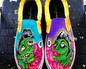 Zombie "True Love Never Dies" Hand-Painted Canvas Slip-On Men's Shoes, Size 10