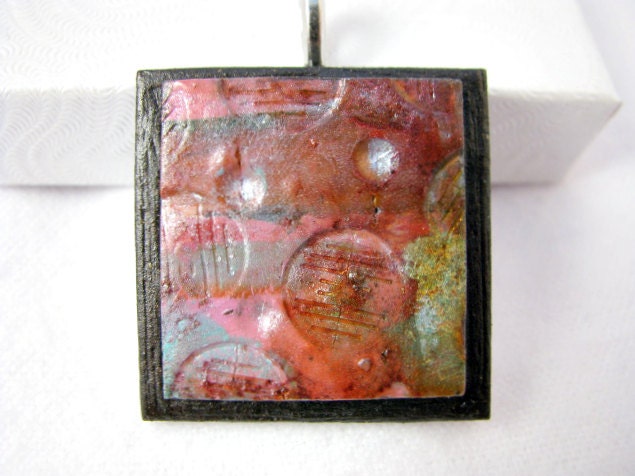 Distressed Grungy Mixed Media Art Focal Tile Pendant Necklace Jewelry - Pink and Red