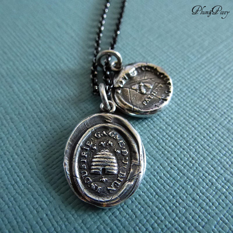 Bee and Beehive wax seal charm necklace in Silver - Patience and Industry