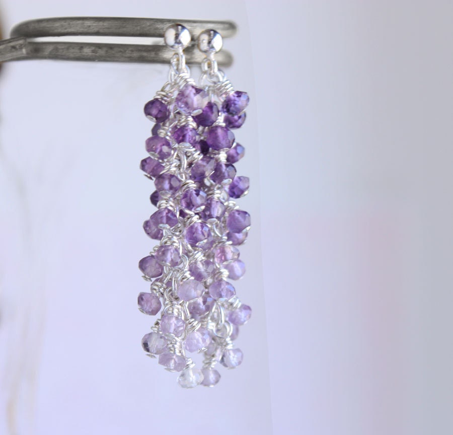 amethyst earrings, purple ombre gemstone jewelry, long cluster  February birthstone