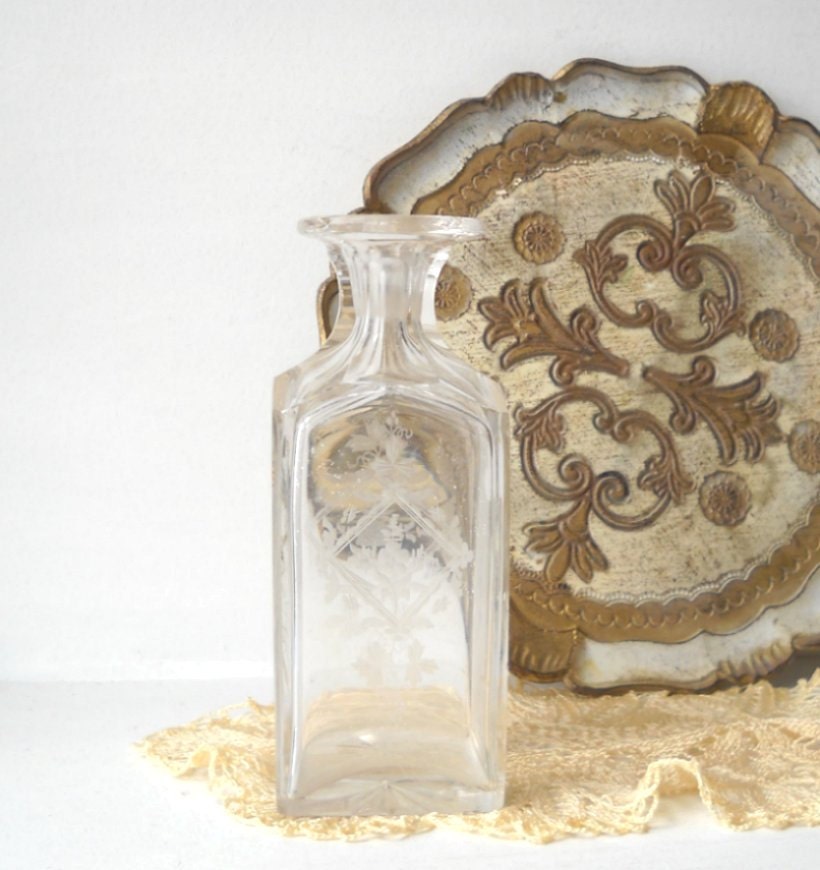 Antique Crystal Decanter Etched Floral Art Nouveau Bottle
