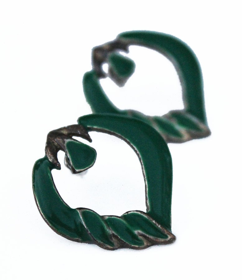 Vintage Deep Green Enameled Pot Metal Art Deco Earrings- late 1930s