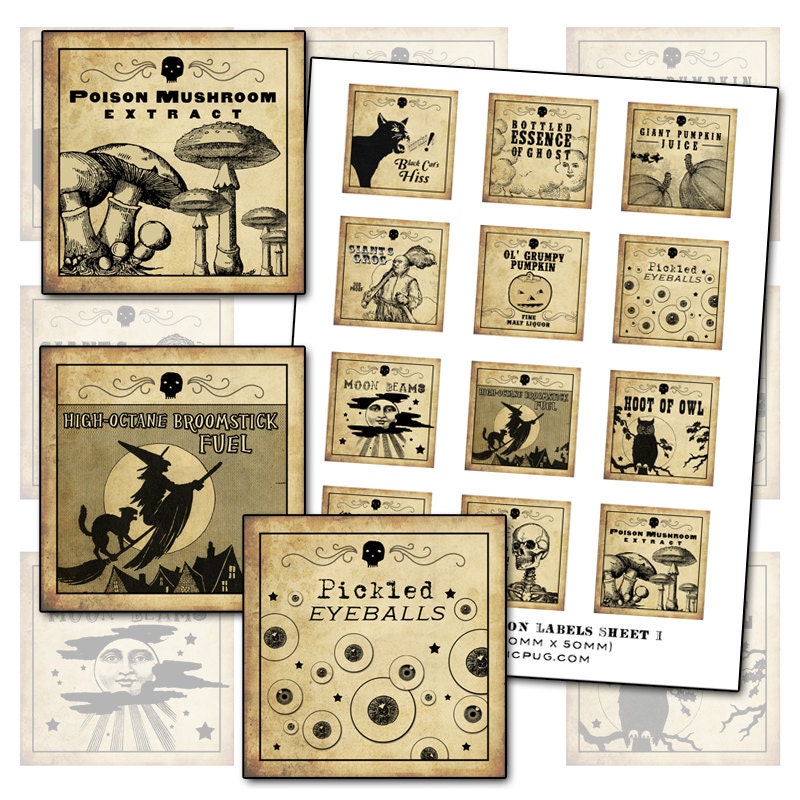Antique Halloween Potion Labels I 2x2 inch digital collage sheet inchies 50mm square witch owl poison mushroom black cat pumpkin witches