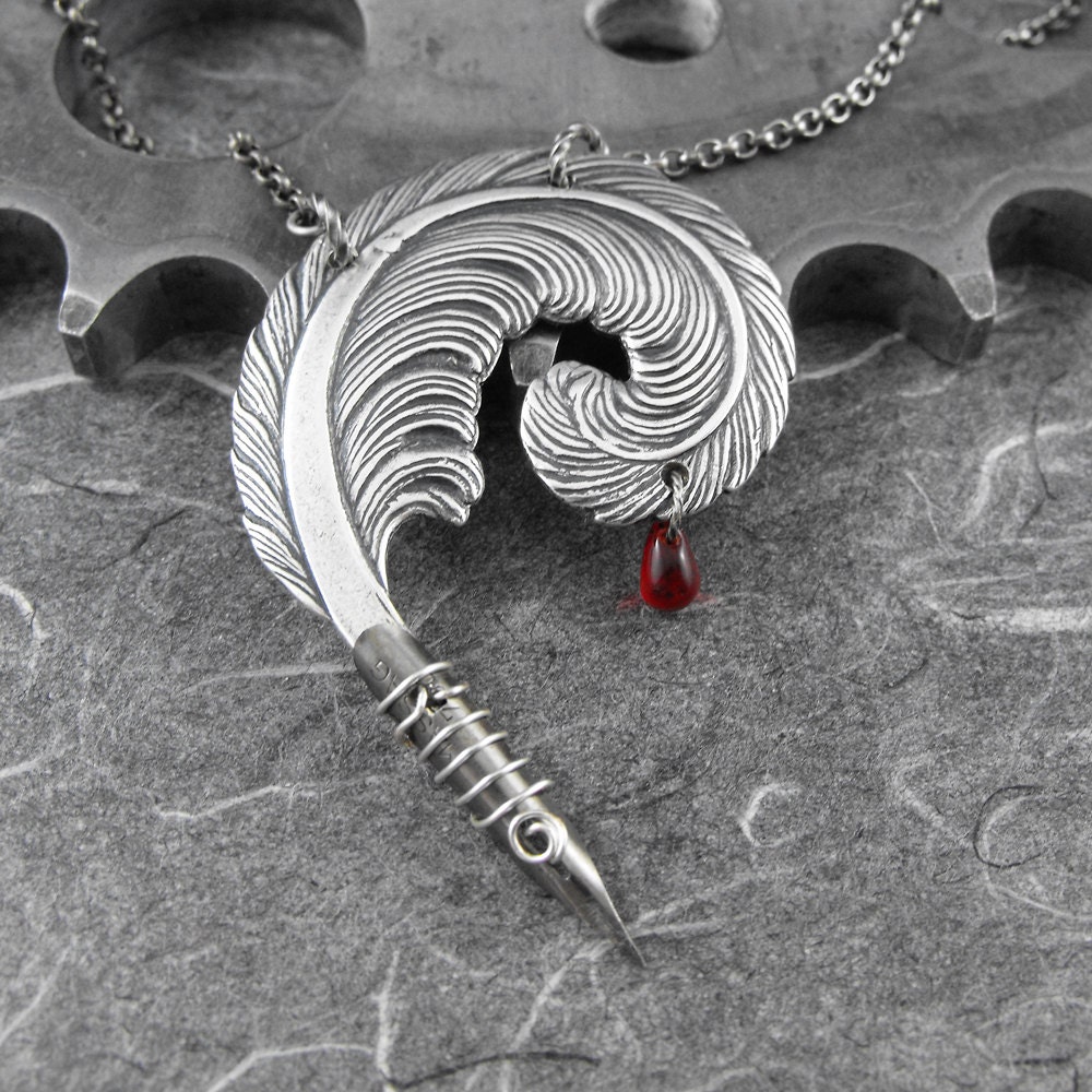 Small Bloody Writer Silver Necklace - The Striving Writer's Quill by COGnitive Creations
