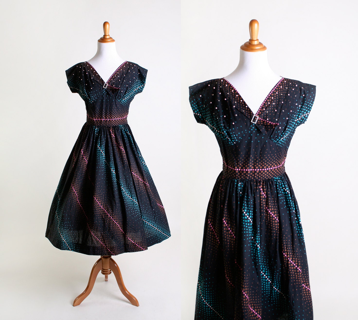 Vintage 1950s Dress - Rhinestone and Pearl Black Swirl Cotton Day Dress - Medium