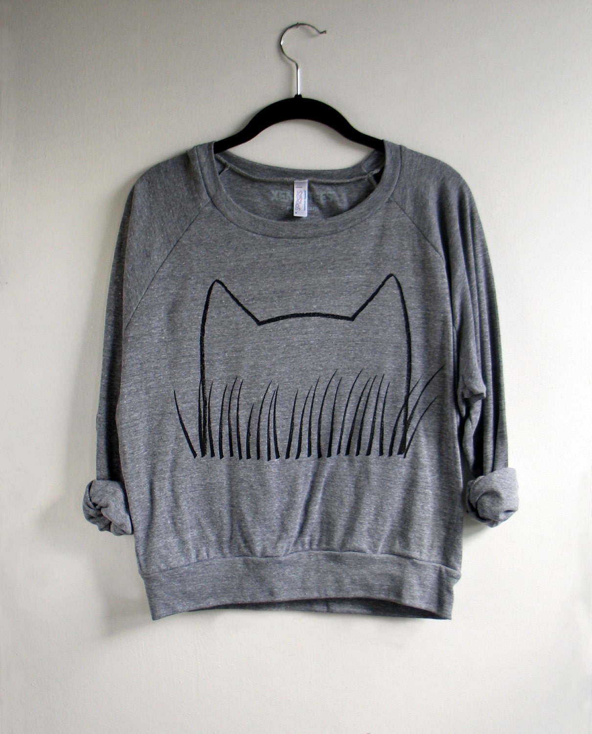 Cat Sweatshirt , Cat Grass Drawing / Heather Gray Pullover - Mothers Day gift, cozy womens fashion, gift for her, crazy cat lady, kitten