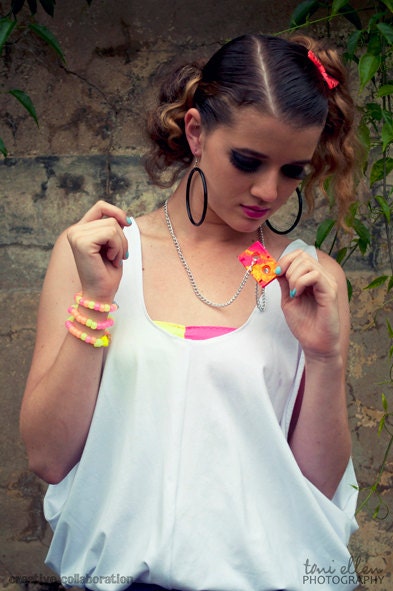 Cassette Tape Necklace Neon Fluro UV Reactive Rave Yellow Pink Crackle Splatter Paint