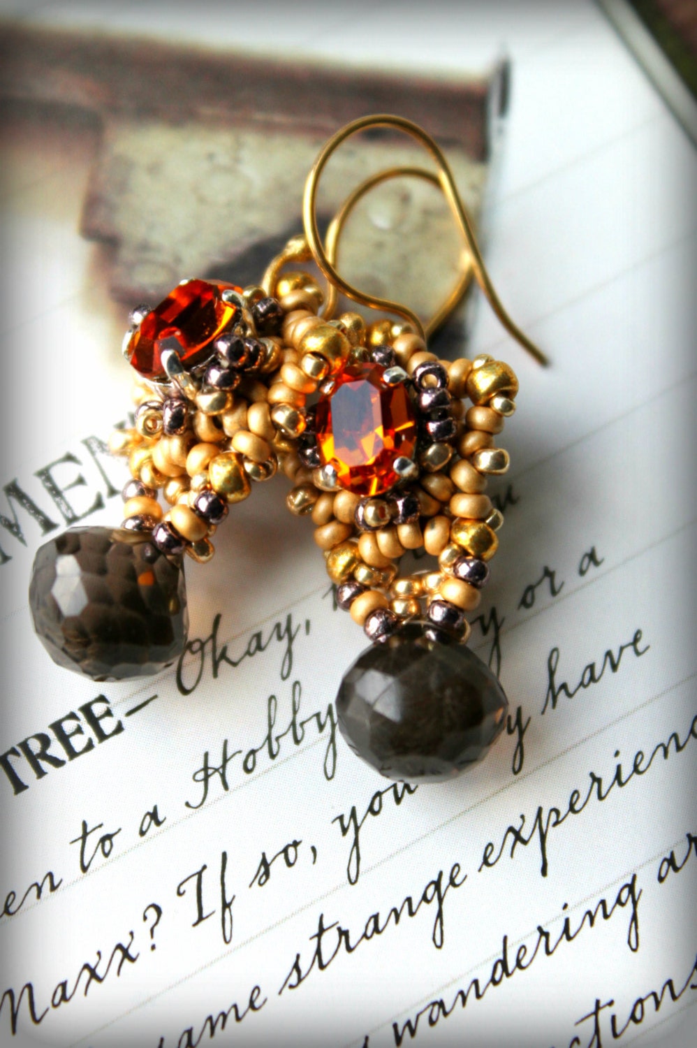 Antique gold look beaded gemstone and gold earrings, Fiery Citrine swarovski, Smokey Quartz  gold earrings - Earth and Fire