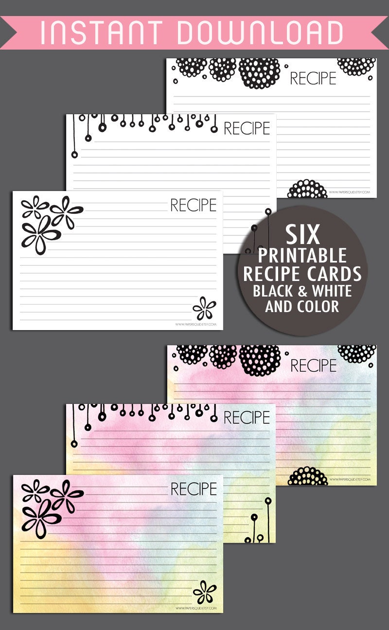 Recipe Cards Printable DIY - 3 Designs - Color Version and Black & White - 6x4 inches - INSTANT DOWNLOAD - Item 122