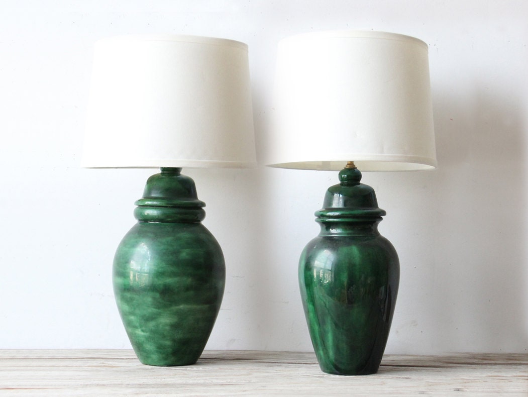 Gorgeous Pair of Faux Malachite Green Lamps