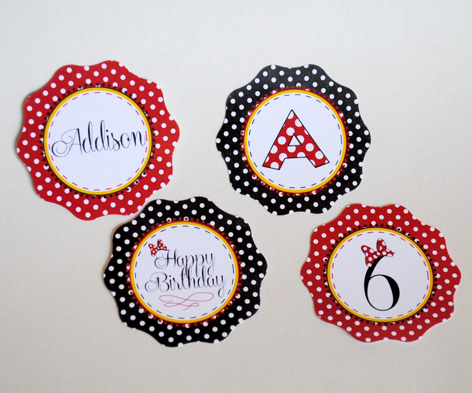 Cupcake Toppers Inspired by Minnie Mouse - Classic Red, Black and White with Polka Dots and Minnie's Bow - Personalized and Printable