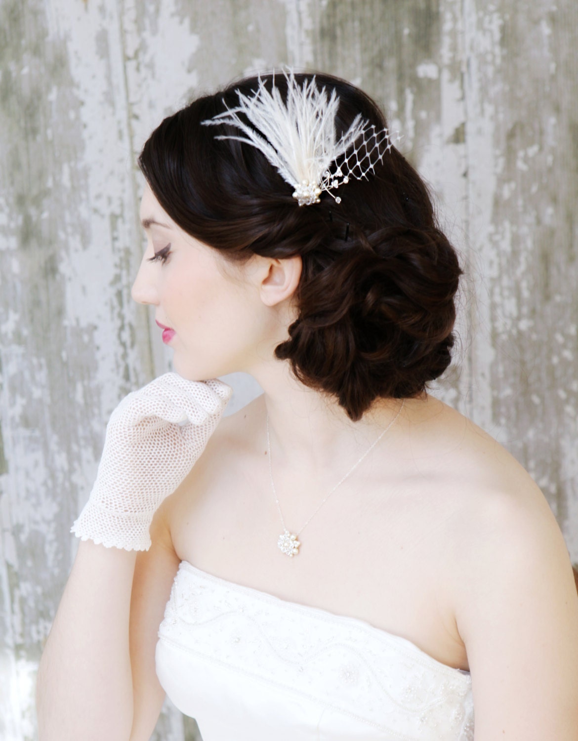 Delicate Bridal Pearl, Crystal, and Ostrich Feather Hair fascinator Accessory