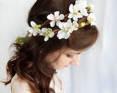 white flower crown, hair flower wreath, bridal flower circlet, wedding hair accessories, lime green - STORYTELLER - floral bridal headpiece