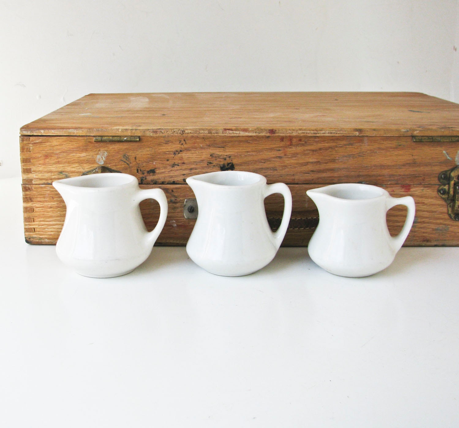 3 Small White Pitchers -Rustic Charm
