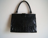 50s Alligator Bag // Vintage 1950s Oversized Black Crocodile Purse