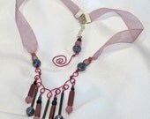 Lacy Magenta Spring Bib Necklace with Glass Beads on Organza Ribbon - SB07
