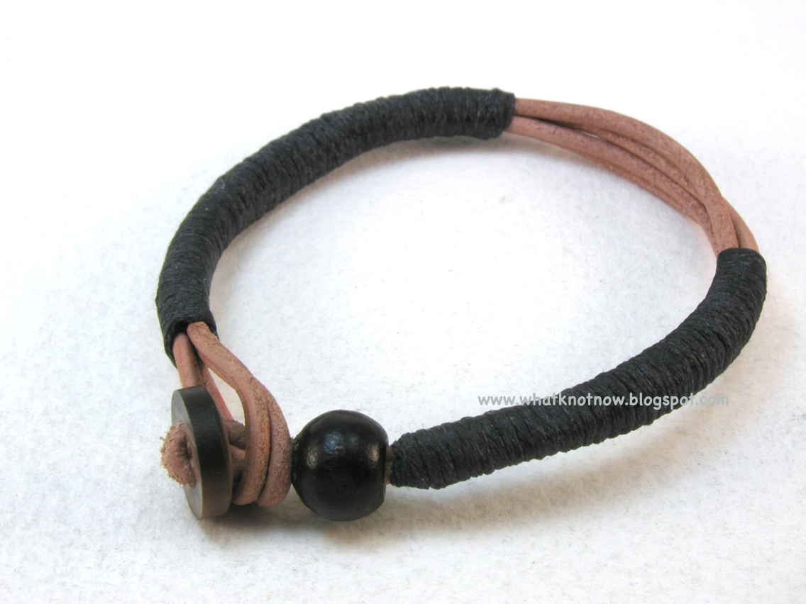 1 button black wrapped brown leather bracelet with wood bead