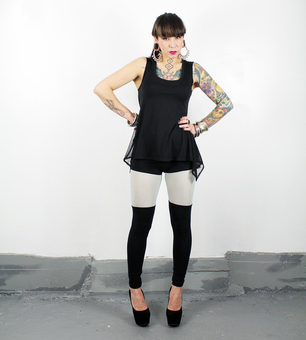 Faux Thigh-High Leggings with Sheer Inset Mint/Teal Mesh MADE To ORDER