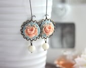 Salmon Peach Pink Rose Flower, Blue Cabochon Ear Post Earrings. Bridesmaid Gifts. Summer. Peach Pink Wedding. Country Cottage Wedding.