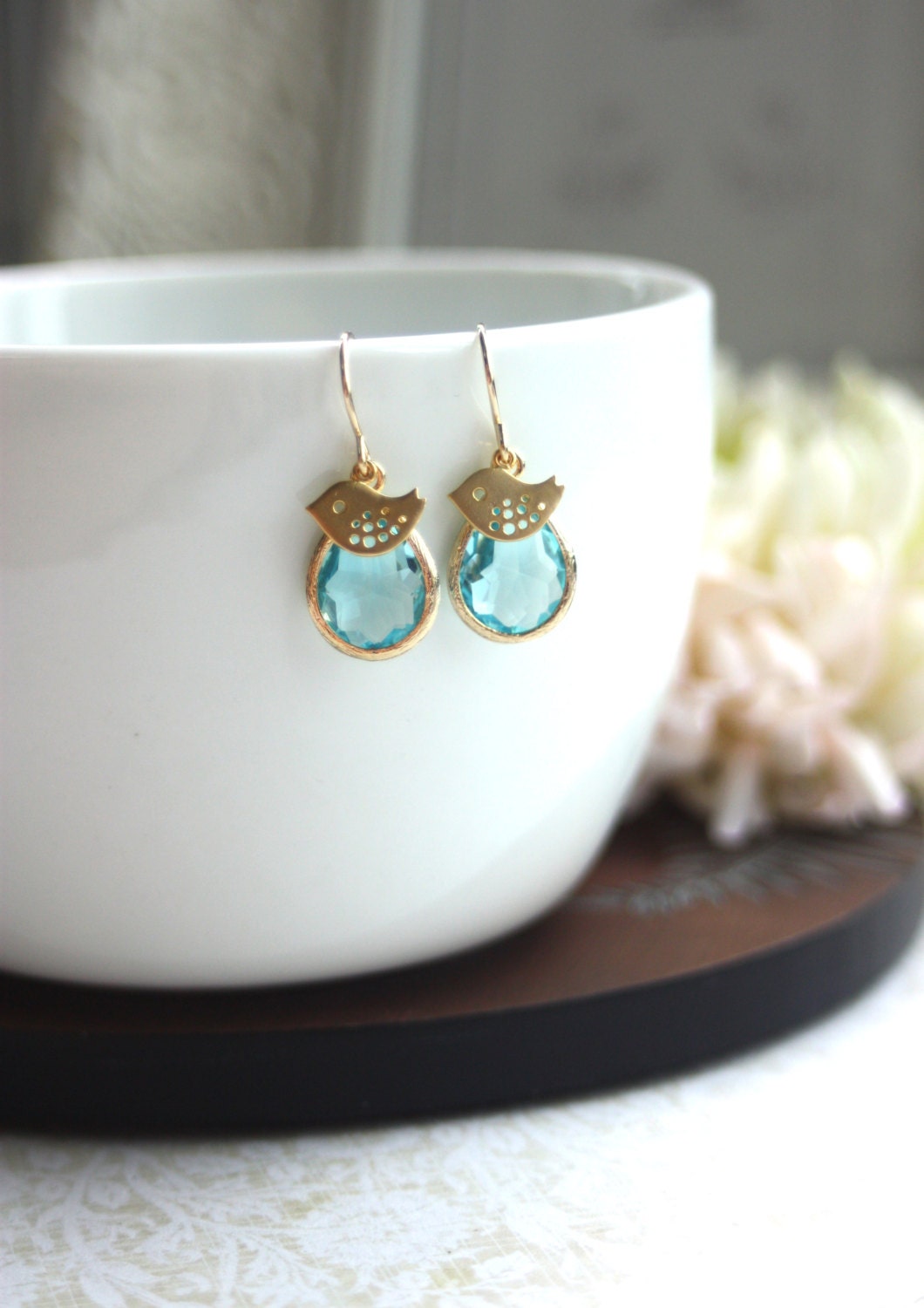 Small Bird Aquamarine Glass Pear Drop Hook Earrings. Bird Lover.  For Sister. For Best Friends. Blue Aqua Wedding. Bridesmaid Gift.
