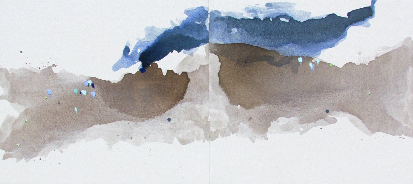 Extra Large Expressive Abstract Art, blue, brown, 25 x 60" diptych, ORIGINAL fine art -- "The Night Veil, lifting"