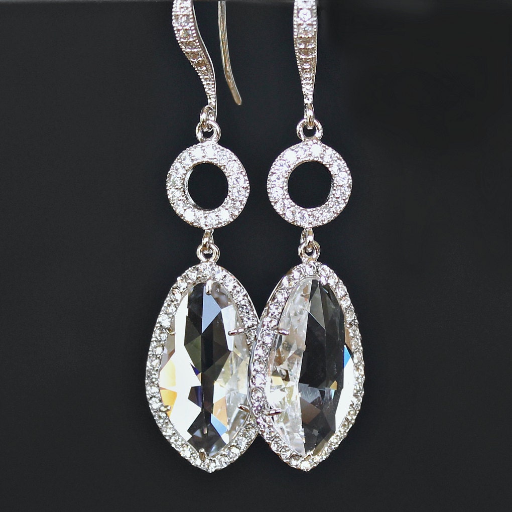 Brilliant Clear Crystals Set with Cubic Zirconia Together with Pave Crystal Links on Crystal Detailed Silver French Earrings