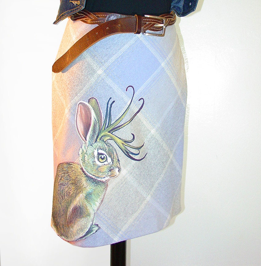 NEW Green Jackalope skirt - handpainted by NYhop, ooak, pastel plaid cream and blue knee length pencil - upcycled, wool, size 2P, XS
