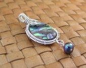 Paua Shell and Sterling Silver Wire Wrapped Pendant