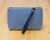 Simple Linen and Leather Clutch / Wristlet - Blue and Black