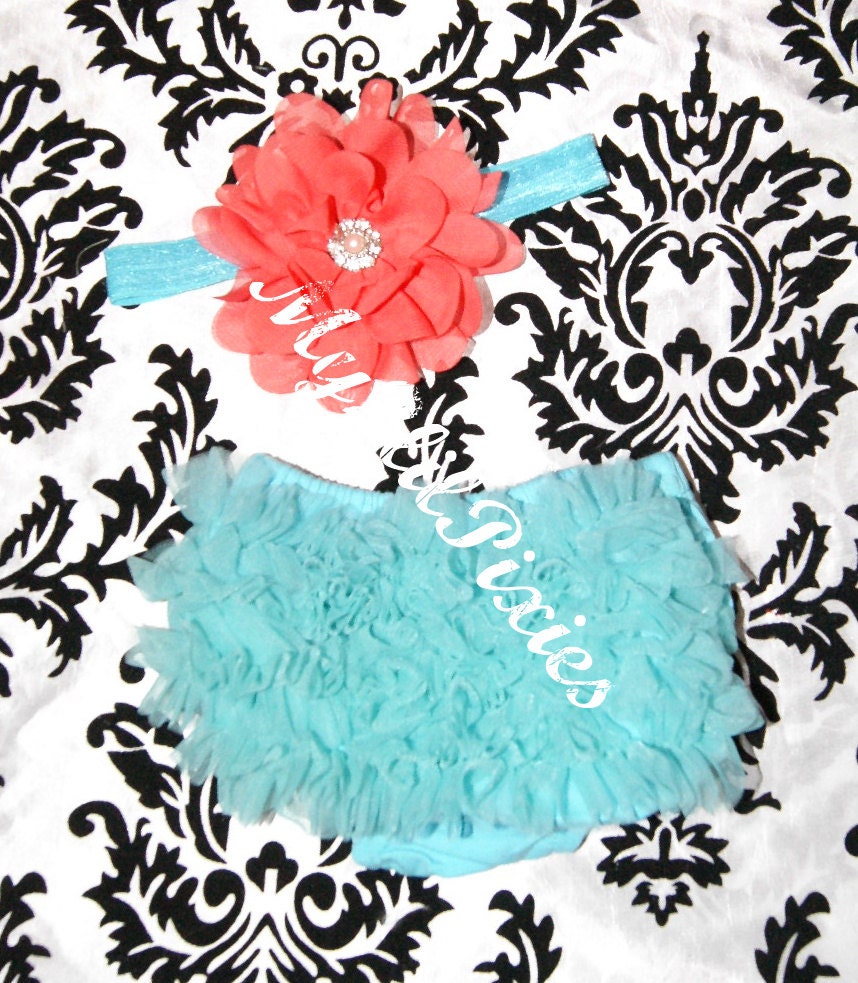 Best Deal- Chiffon Ruffle Bum Baby Bloomer and Headband Set Turqouise and Coral- Choose your Size - Photo Prop- MY2Lilpixies