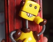 Robot Sculpture Wall Art - Boredom Yellow Robot - Cottage Chic Artwork - 3D Mixed Media