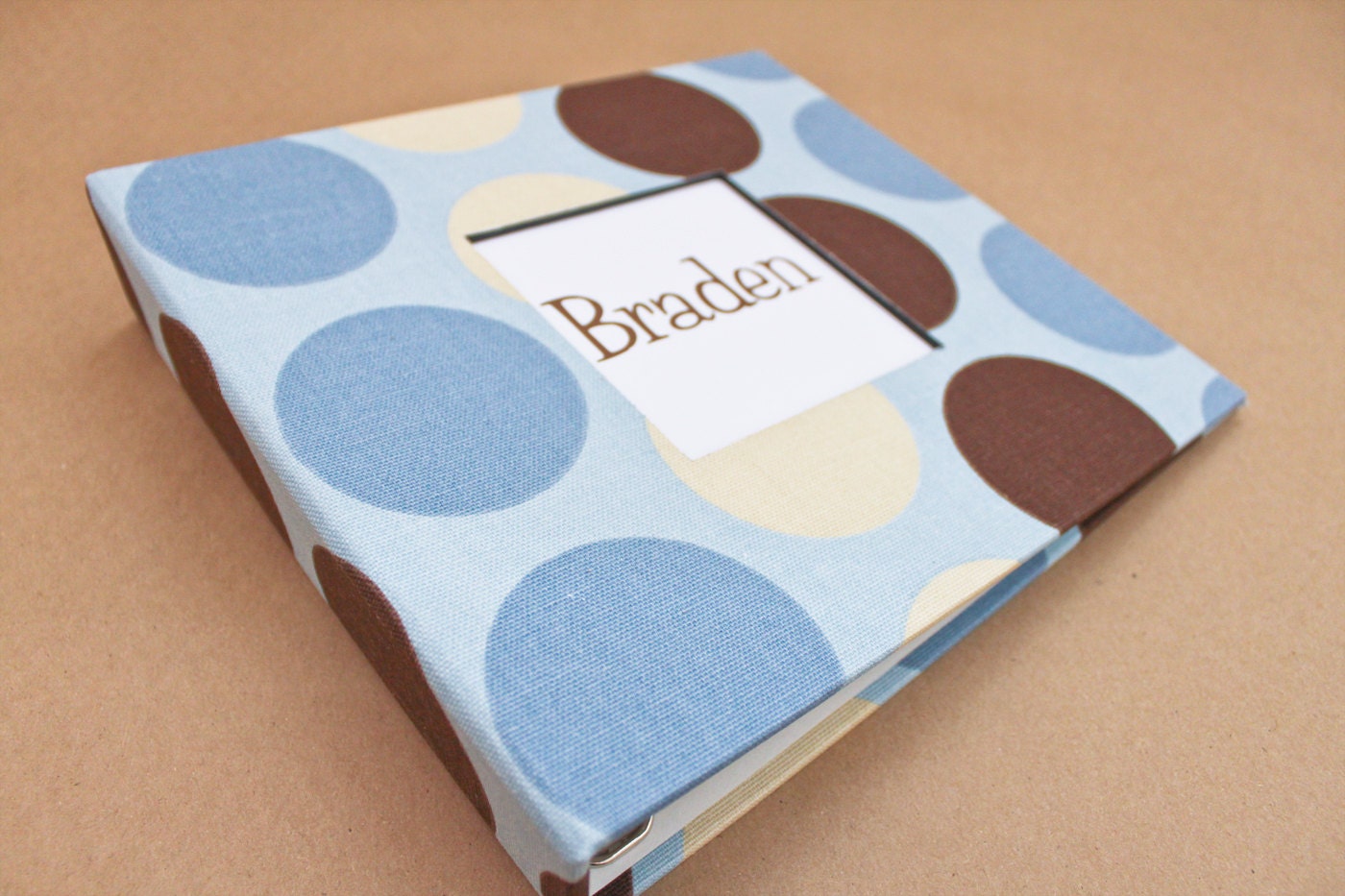 Baby Memory Book - Blue and Brown Polka Dot  (78 designed journaling pages & personalization included with every album)