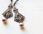 Victorian Fleur de Lis Earrings with Light Brown Pearls. Vintage Style Bridal Earrings. Long Drop Earrings